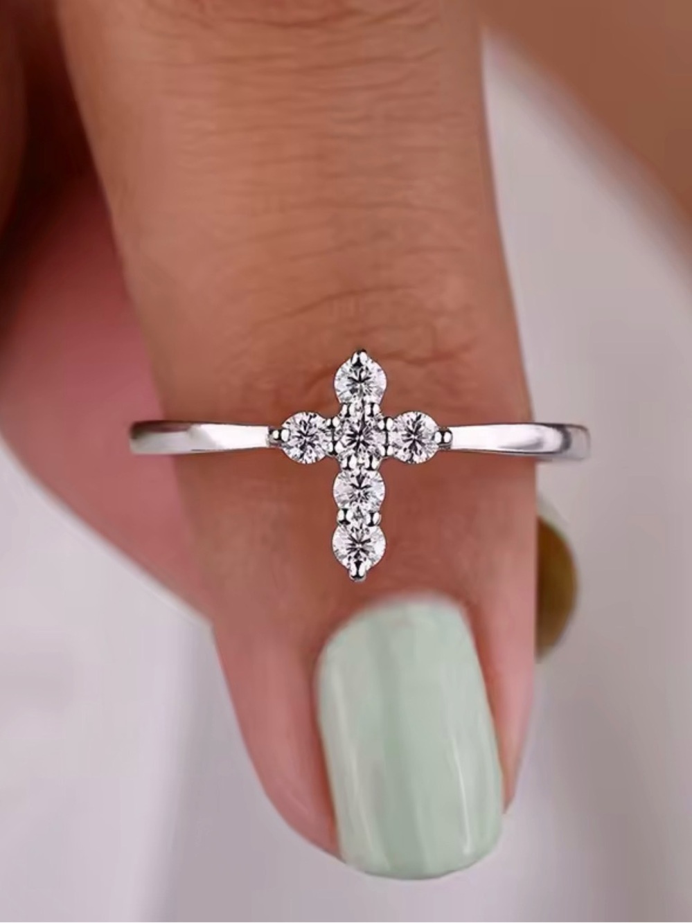Delicate Silver Cross Ring with Clear Stones - Women Jewelry size 7